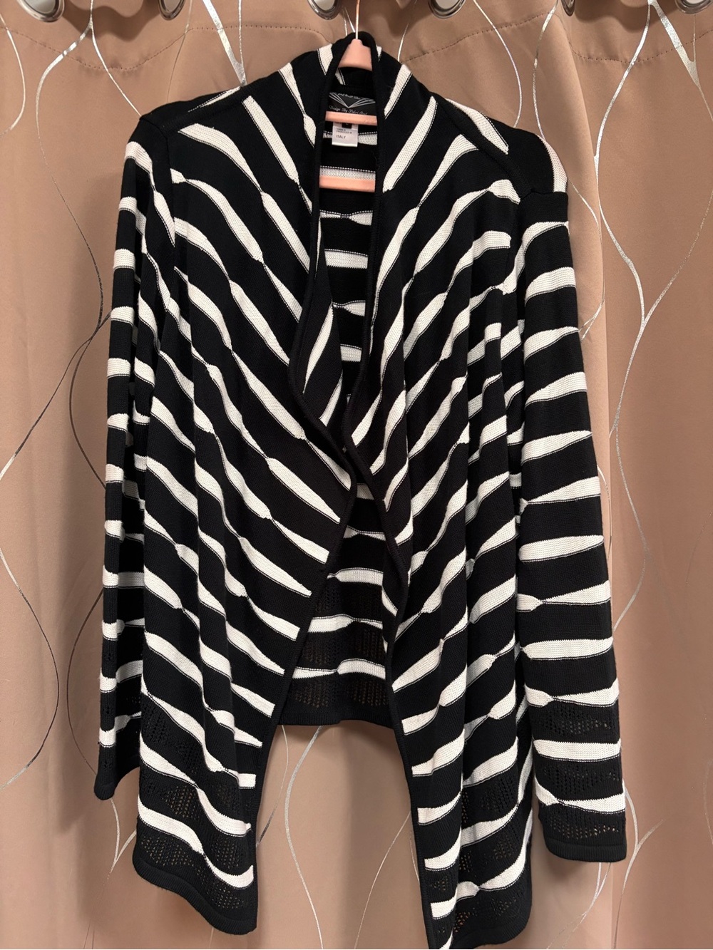 Angel by Sabri Ozel Open Front Cardigan Black w/White Stripes Italian Yarn Large